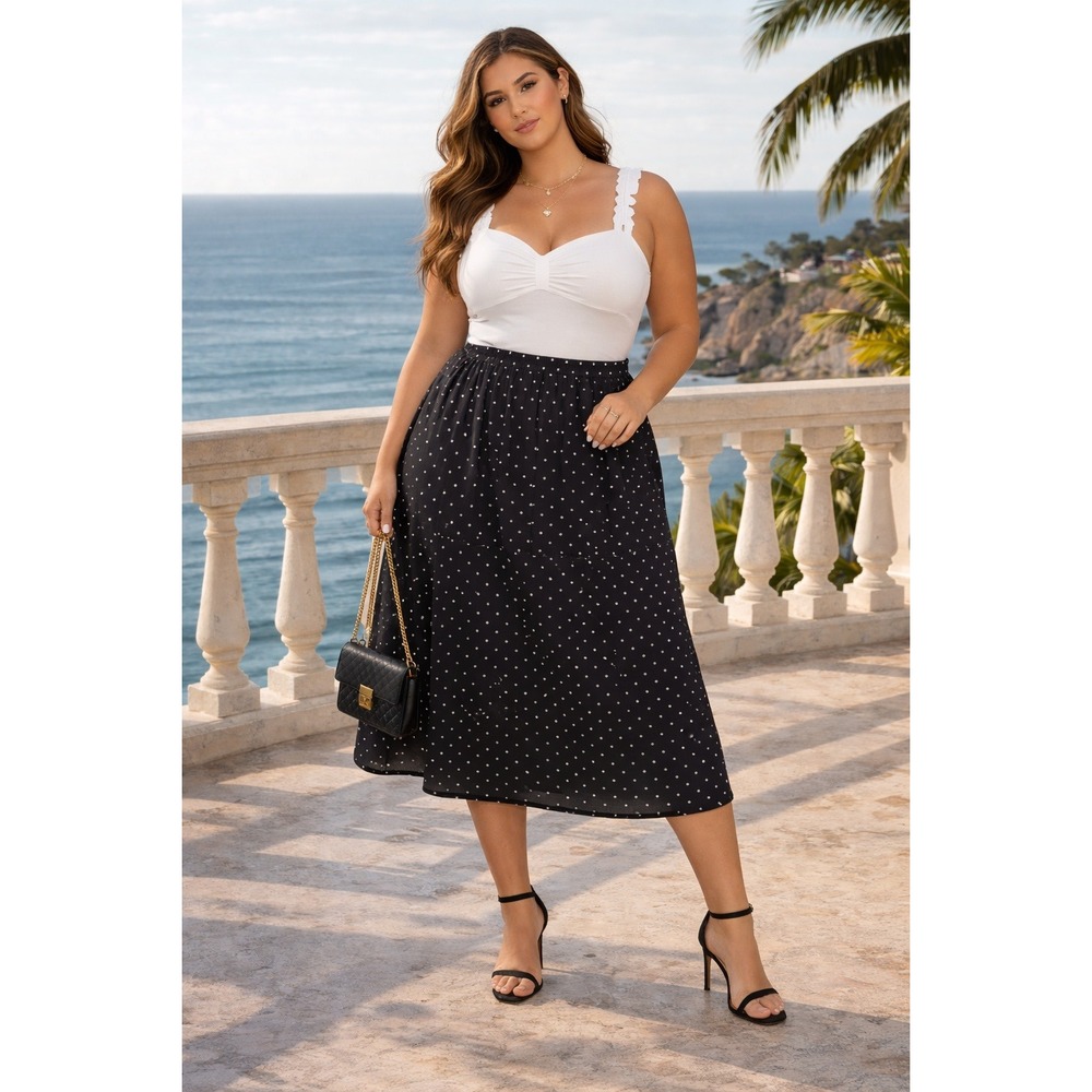 Jessica London Skirt Women Plus 20 W Black Elastic Waist Midi Polka Dot Chambray